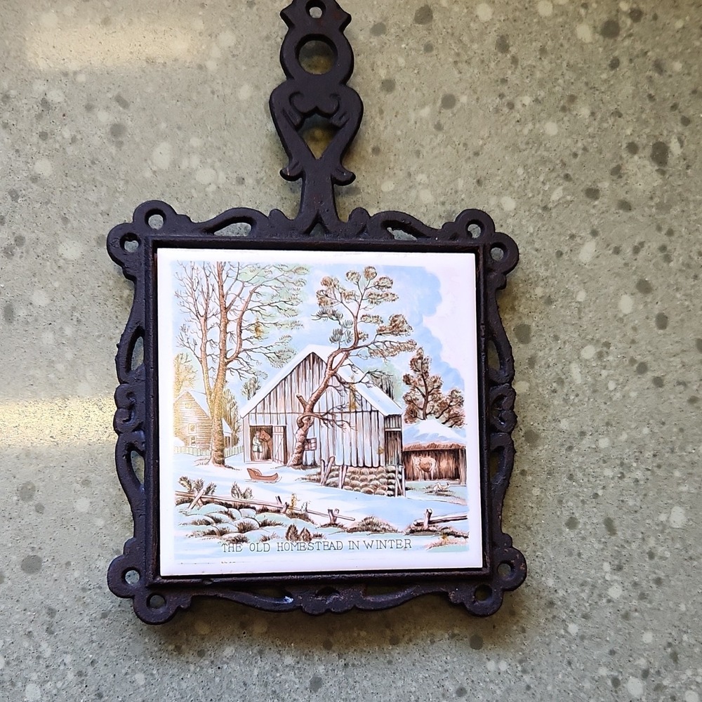 Vintage MCM Cast Iron & Ceramic Square Kitchen Trivet